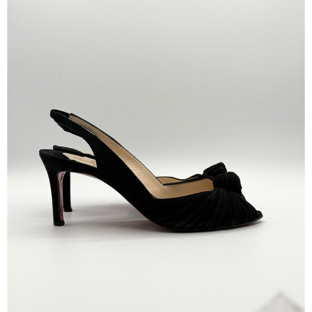 Christian Louboutin Black Suede Slingback Heels Peep Toe Knot Accent Sz EU 38.5 - Picture 2 of 12